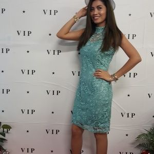 Crochet Lace Form Fitting High Neck Cocktail Dress